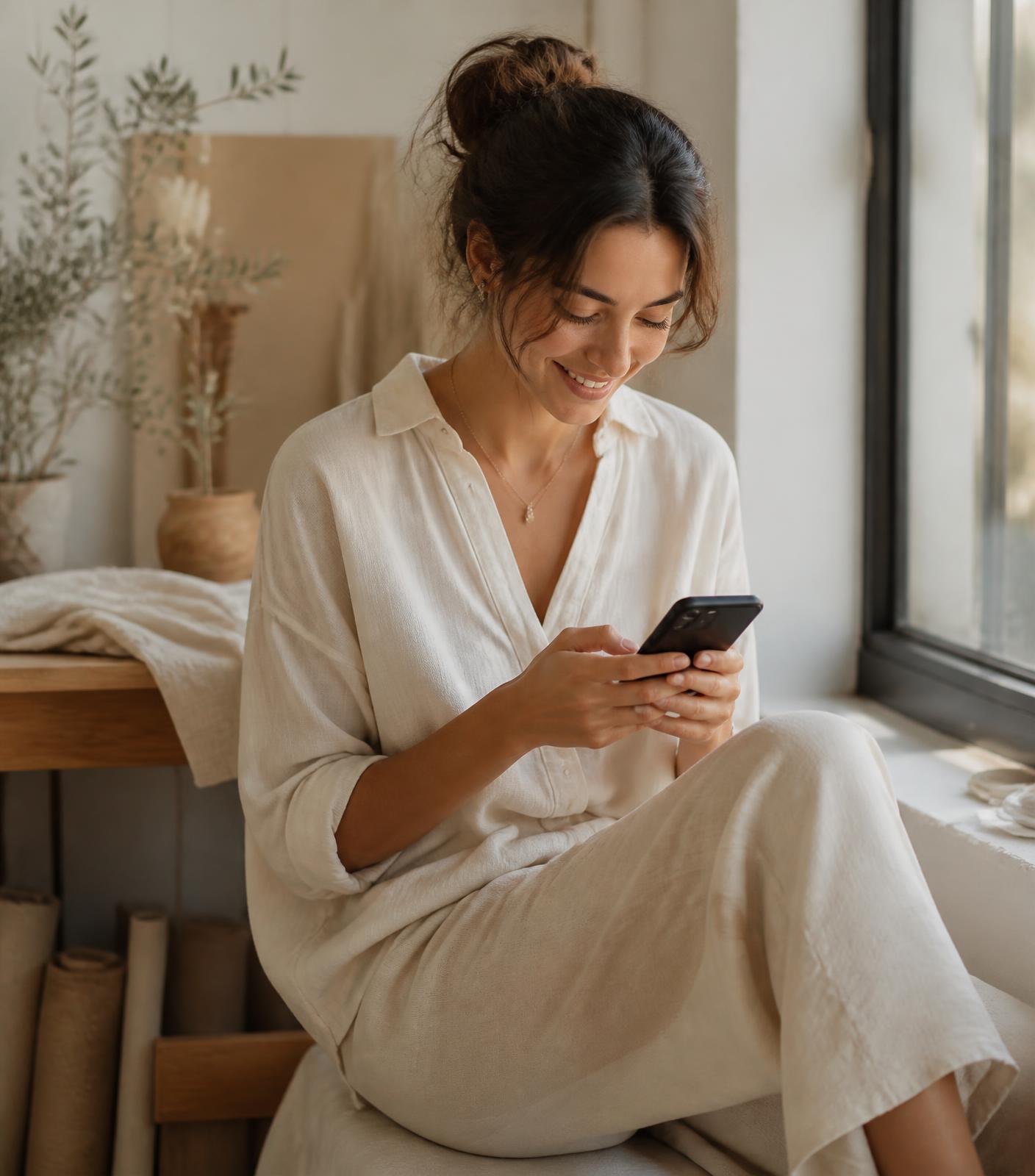 Creator checking her Instagram account in a bright, calm studio